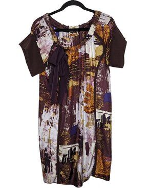 United Bamboo gathered neck bow burgundy gold abstract art mini Sample dress S/M